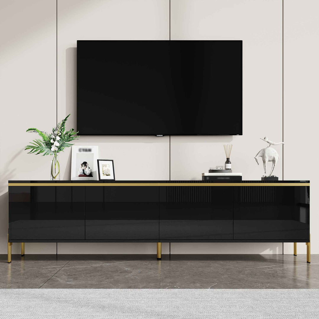 Black high-gloss TV stand with golden trim with 4 doors storage 170x38x50cm RACKSTONE