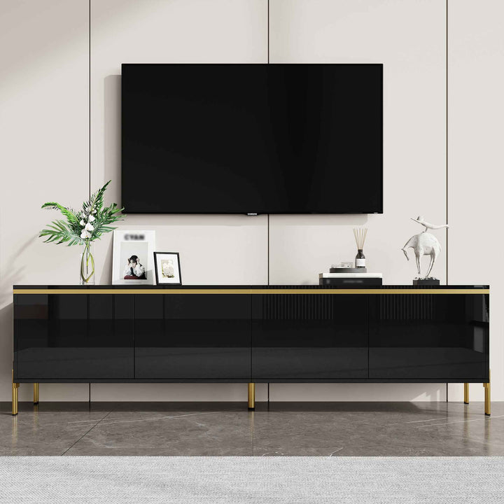 Black high-gloss TV stand with golden trim with 4 doors storage 170x38x50cm RACKSTONE