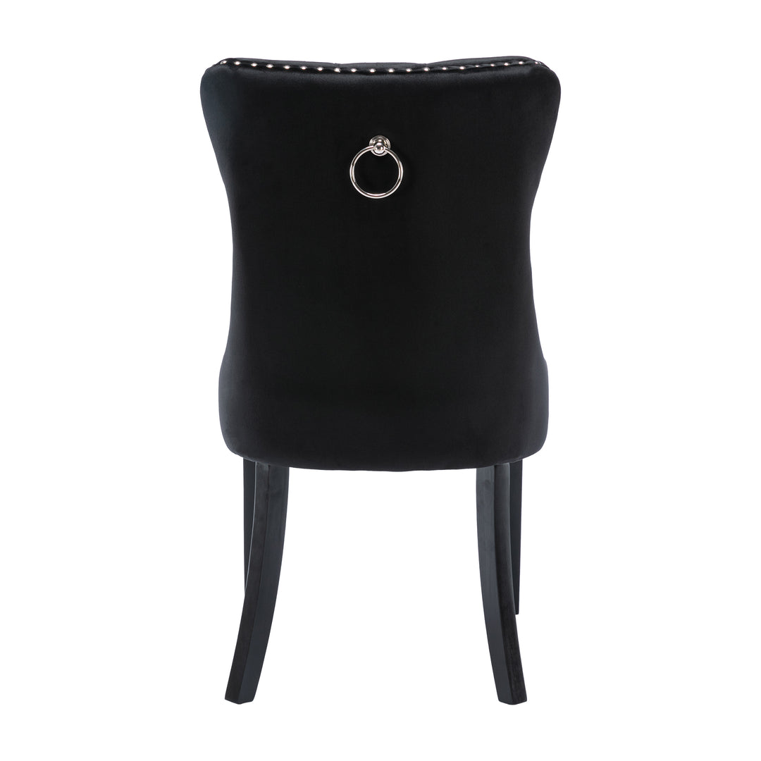 Set of 4 dining chairs velvet black tufted with solid wood legs, nailheads and back chrome ring BREEZEOLOGY
