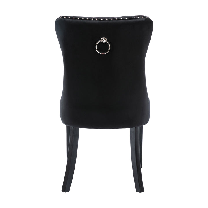 Set of 4 dining chairs velvet black tufted with solid wood legs, nailheads and back chrome ring BREEZEOLOGY