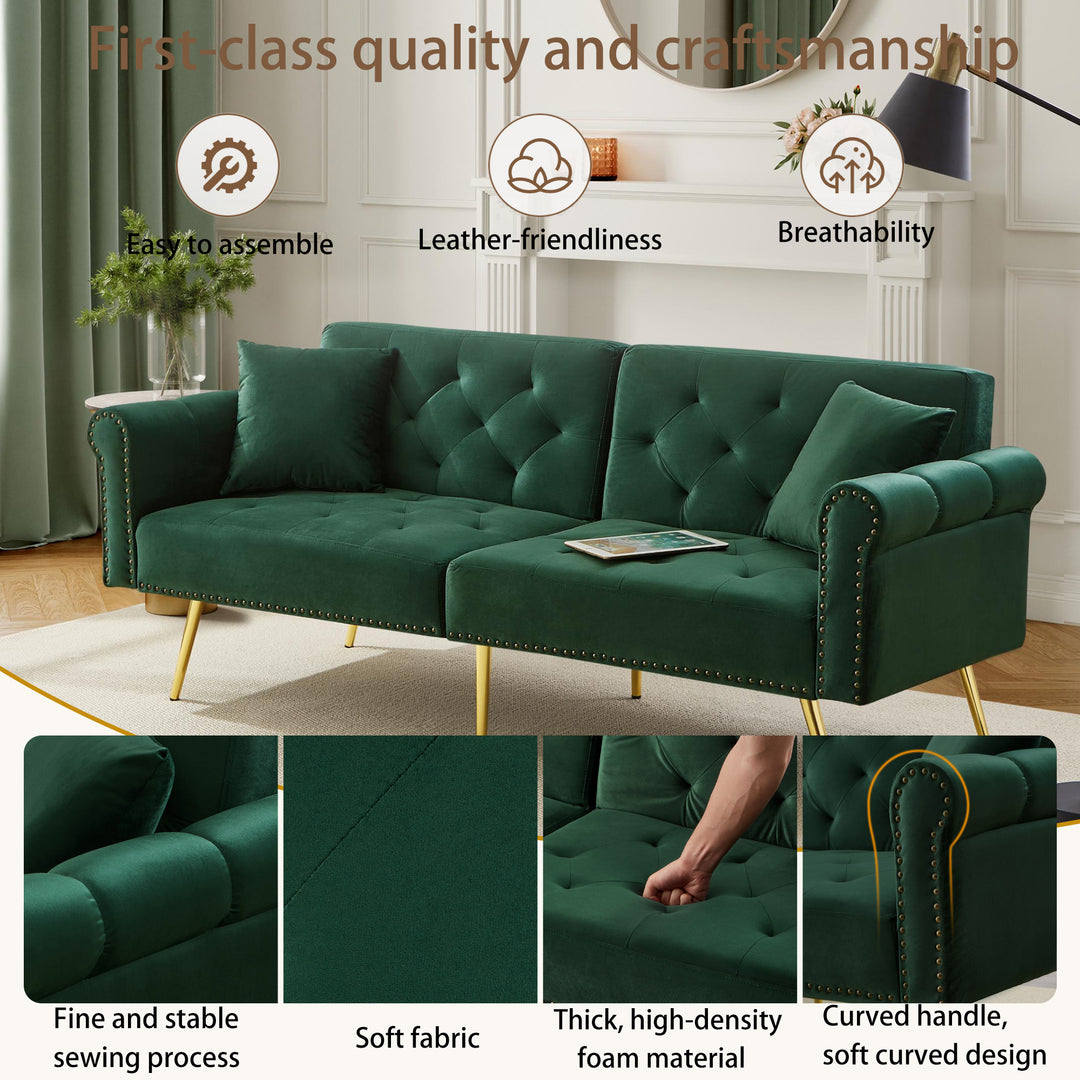 Green velvet 2-seater sofa bed with adjustable backrest and gold legs CAKDERA