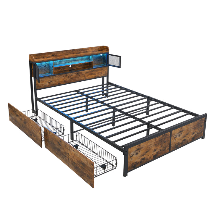 Multifunctional wooden look double bed&nbsp; with LED lighting, 2 drawers & charging ports (135x190cm) ELATERSPRING
