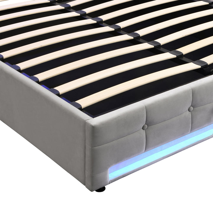 Grey velvet upholstered ottoman double bed with LED lighting (135x190cm) ANHYDROBIO