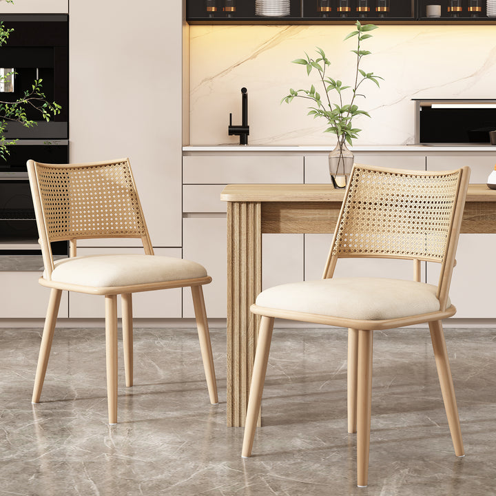 Set of 4 beige faux leather dining chairs and backrest in rattan PLAGE