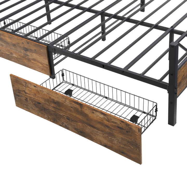 Industrial style double bed frame black wood with 2 storage drawers 135x190cm ELEMENTALIS