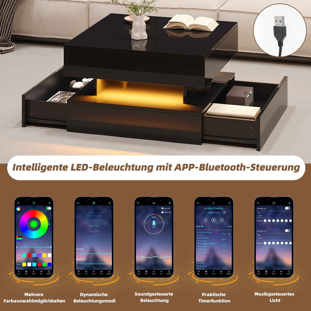 Lift top black high gloss coffee table with LED 2 drawers INFINITEMOMENTUU