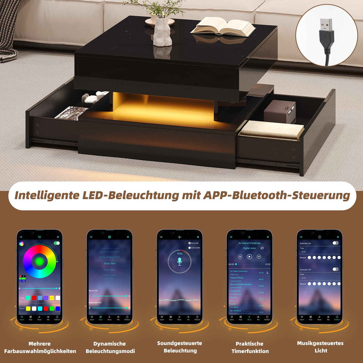 Lift top black high gloss coffee table with LED 2 drawers INFINITEMOMENTUU