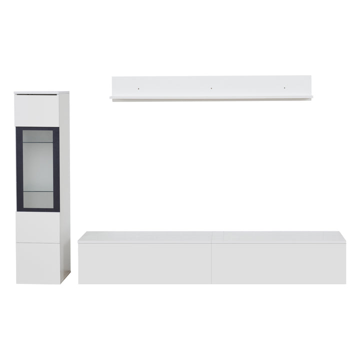 Modern white high-gloss 3-piece TV unit set with LED lighting and display cabinet CLOUDVALE