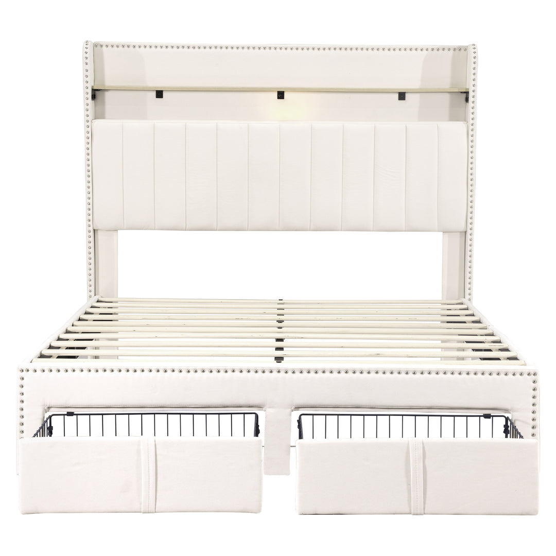 Beige linen upholstered divan double Bed 135x190cm with 2 storage drawers and LED lighting & charging ports (no mattress) OGHAMNOTCH