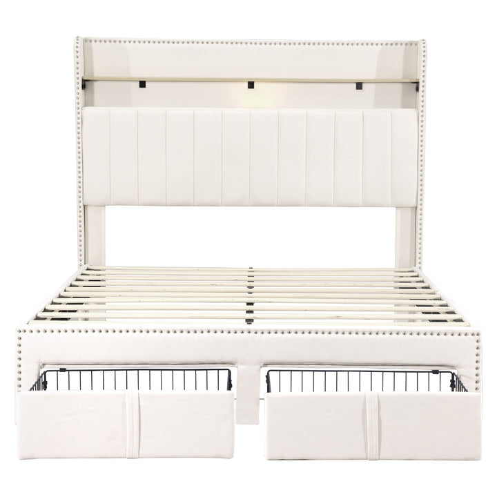 Beige linen upholstered divan double Bed 135x190cm with 2 storage drawers and LED lighting & charging ports (no mattress) OGHAMNOTCH