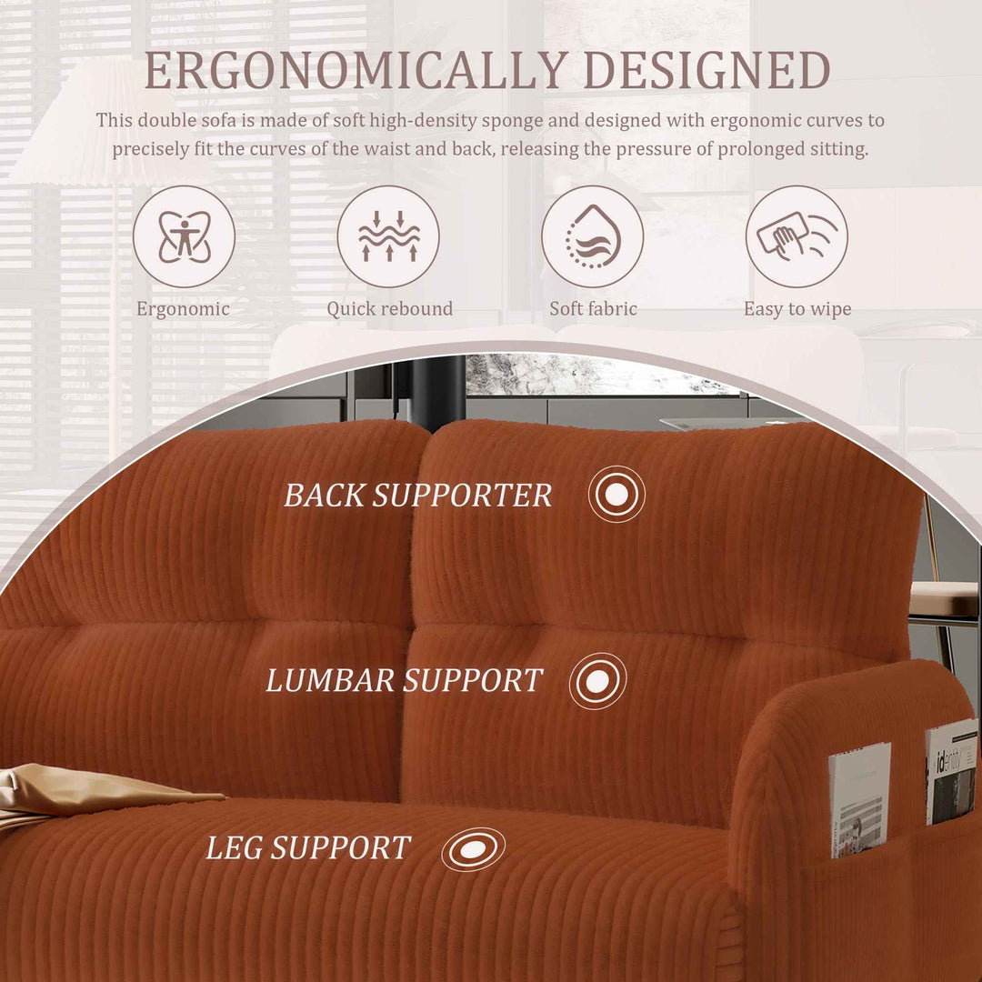 00+Corduroy Loveseat Sofa 2 Seater, Orange, Soft High-Density Foam, Double Side Pockets, Living Room & Bedroom NOVAIST