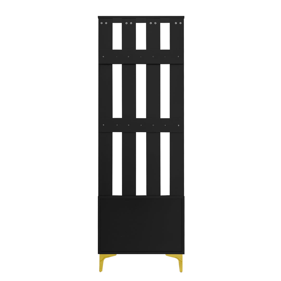 Black wooden entryway coat hanger, bench and cushion, and shoe cabinet TERMITEMOUND