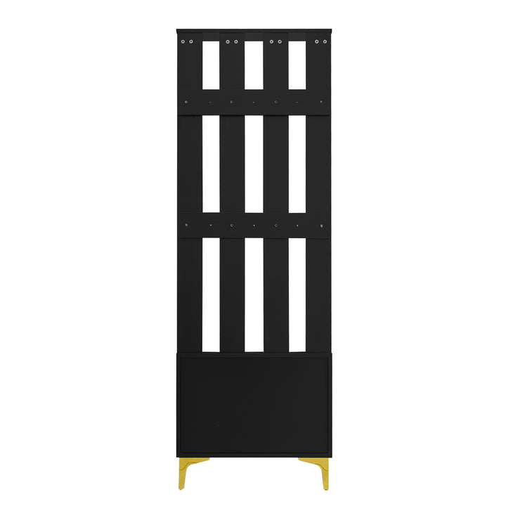 Black wooden entryway coat hanger, bench and cushion, and shoe cabinet TERMITEMOUND