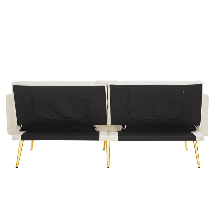 Beige velvet tufted 2-seater sofa bed with gold legs hidden fold-down cup holder COTTONPUFF