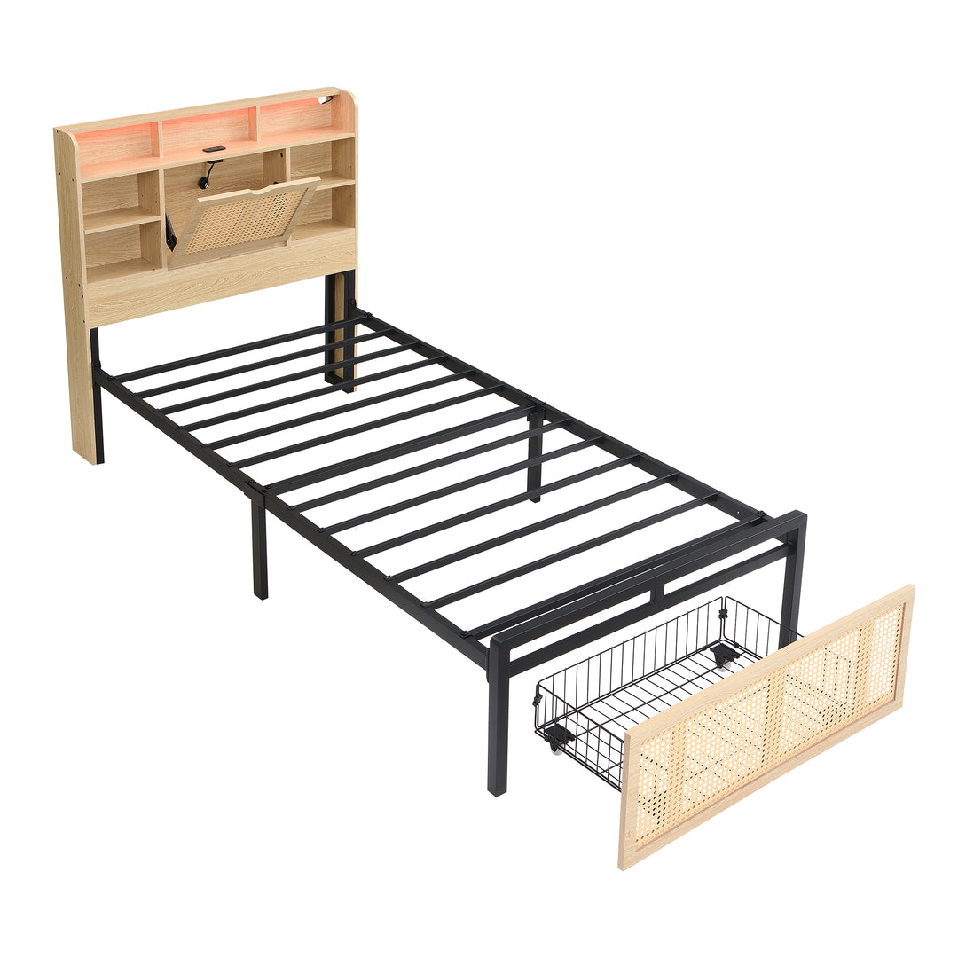 Wooden single bed with headboard storage, rattan drawer and LED lighting (90×190cm) GALLAPHID