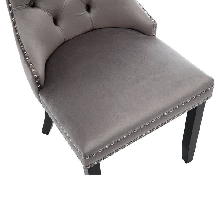 Set of 4 dining chairs velvet grey tufted with solid wood legs, nailheads and back chrome ring NOBLEE