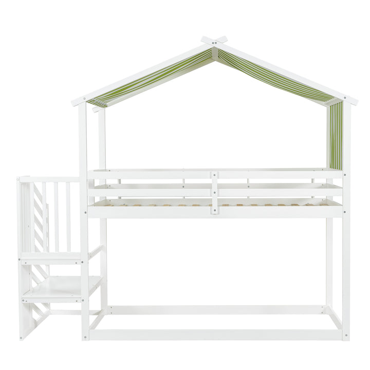 Kids Bunk Bed White green pinewood with staircase 90x190cm ASCENDOLOGY