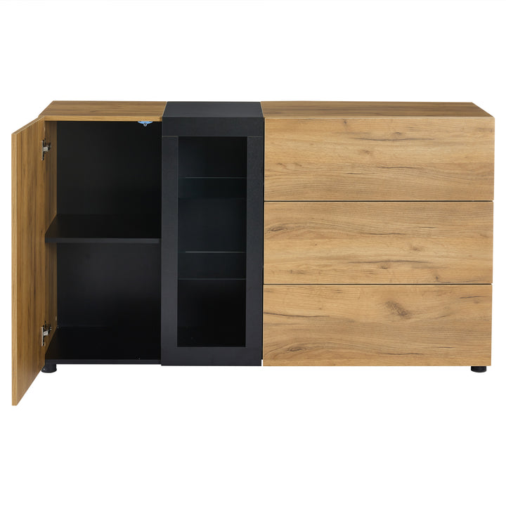 Wooden and Black Sideboard Cabinet with 3 Drawers, Glass Shelves and LED Lights 140 cm TRISHELF