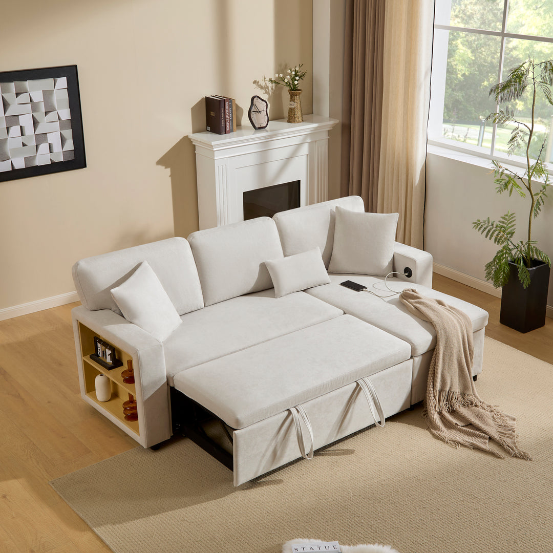 Beige 3-seater corner sofa bed with side shelf and USB ports ANTCOLONY UK
