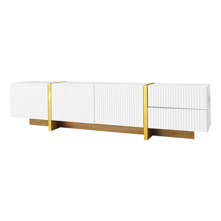 White fluted TV cabinet 3 doors, 2 drawers 190cm gloden accent CONNECTIV