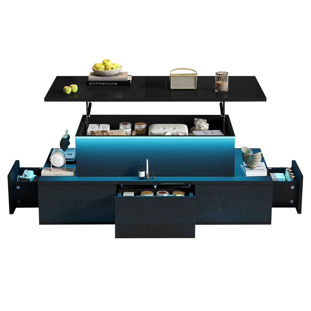 Lift top black high gloss coffee table with 4 drawers and LED lighting INFINITECASCADEE