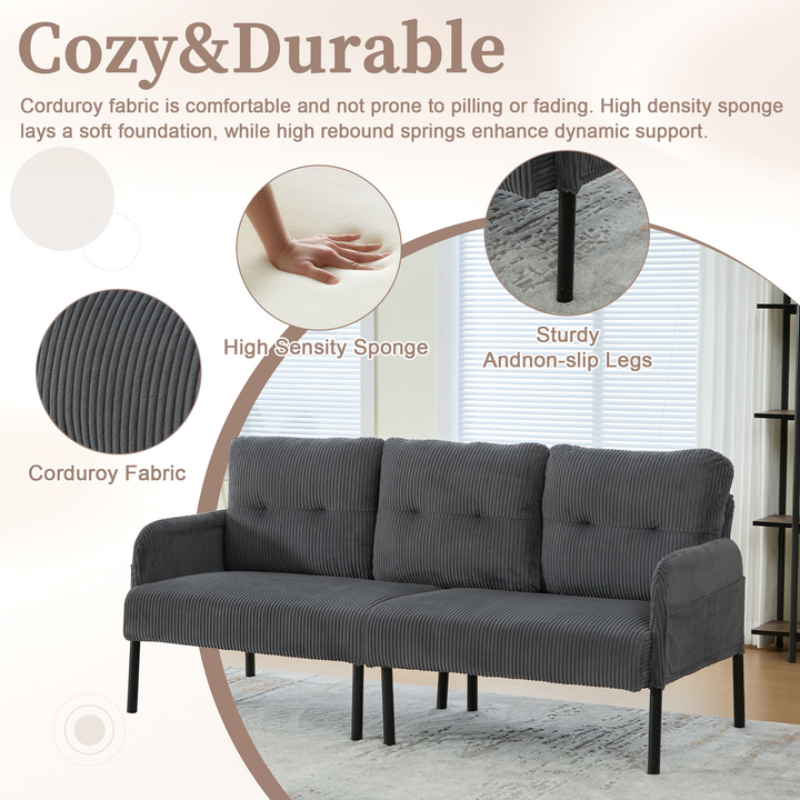 00+Oversized Loveseat Sofa, Corduroy Upholstered Double-Seater, Charcoal Grey for Living Room NOVALA