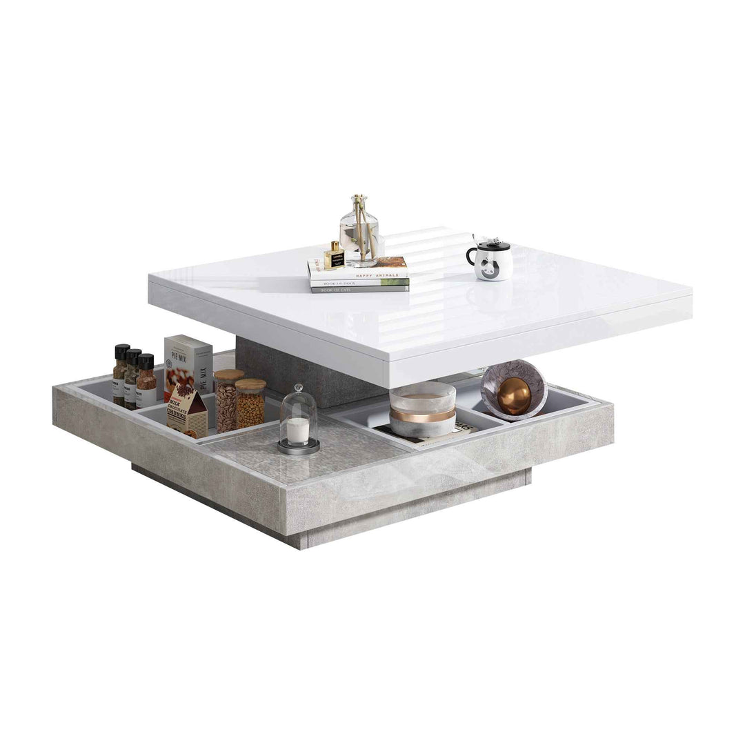 Rotating 360° white high-gloss coffee table marble-patterned, double-layer storage FLARENEXUSA