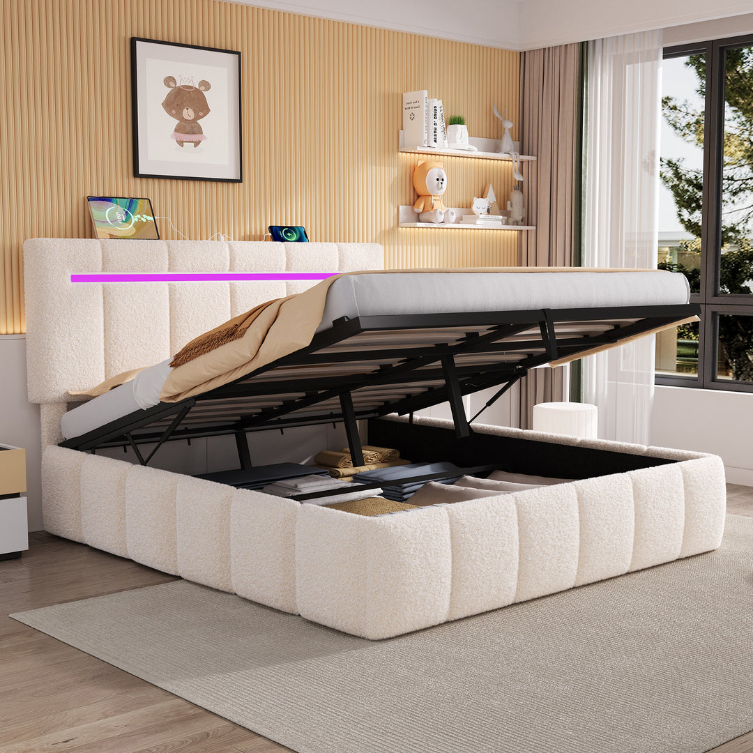 Upholstered beige boucle divan double bed with storage LED lights 135x190cm MAGMASWELL UK