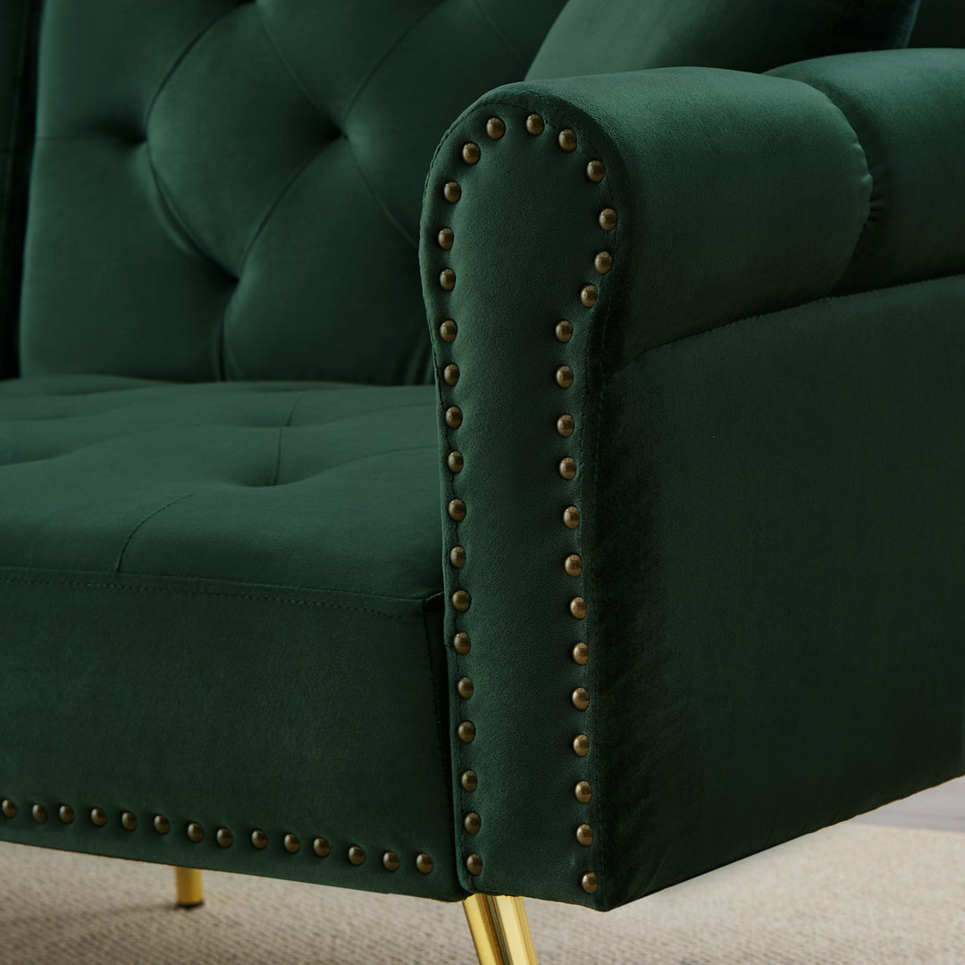 Green velvet 2-seater sofa bed with adjustable backrest and gold legs CAKDERA