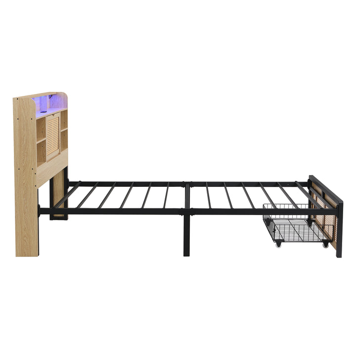 Wooden single bed with headboard storage, rattan drawer and LED lighting (90×190cm) GALLAPHID