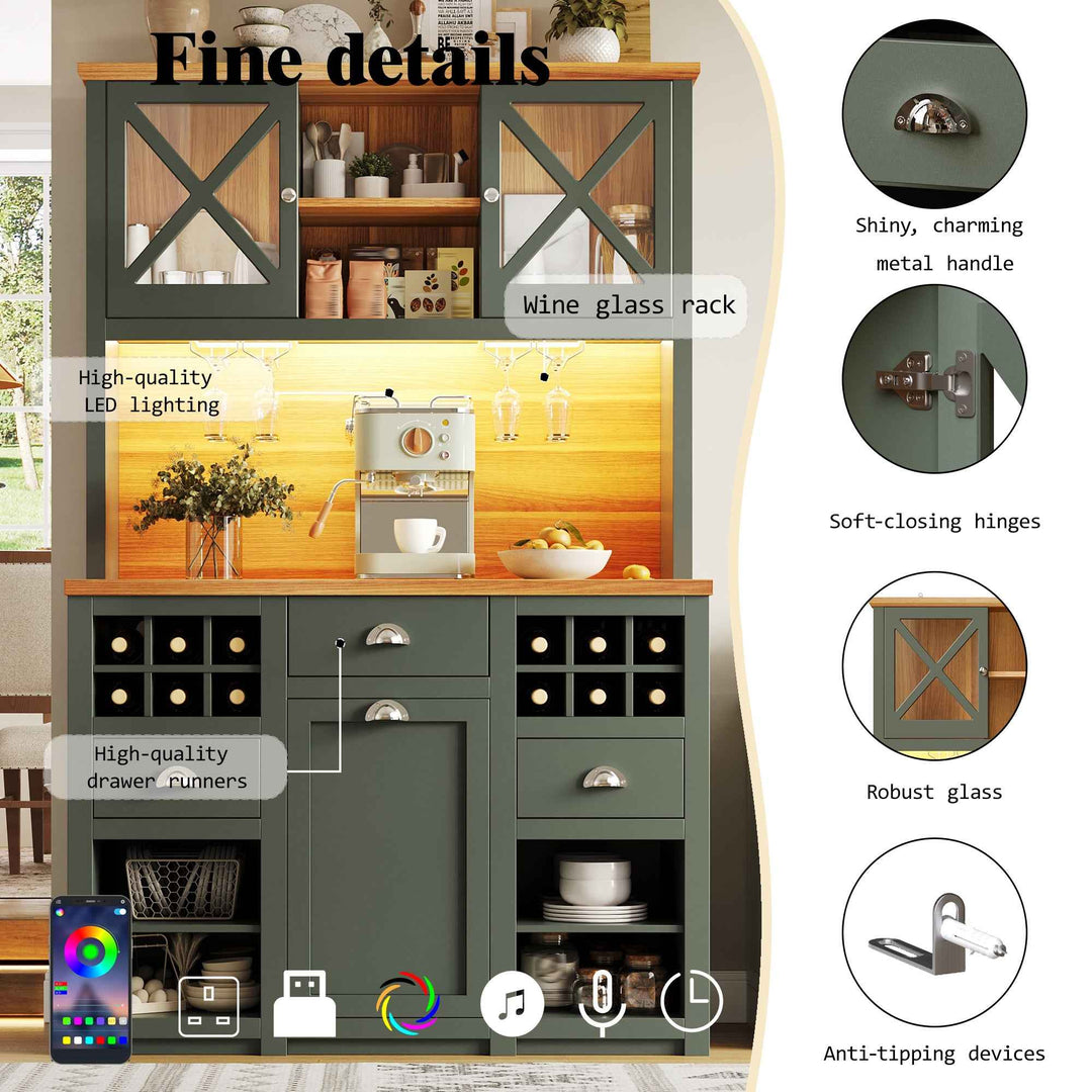 Kitchen hutche green cabinet glass doors LED lighting, wine rack, adjustable shelves