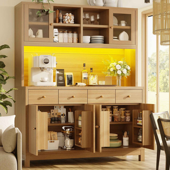 Wooden tall kitchen hutch cabinet with RGB LED, glass doors, 4 drawers 140x38.5x180cm QUADTRUNK