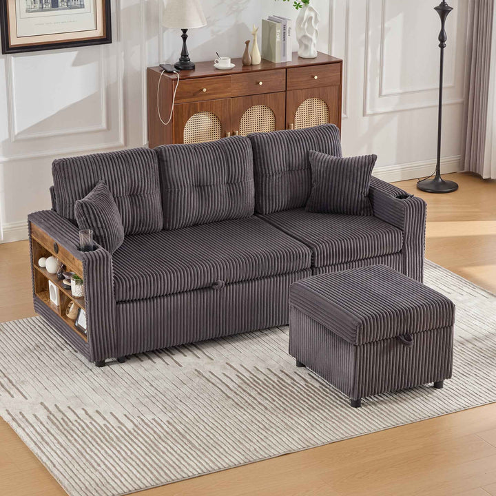 Corduroy convertible sofa with pull-out couch bed and storage, USB-C, LED lights, cup holders, dark grey 196cm RACKECO