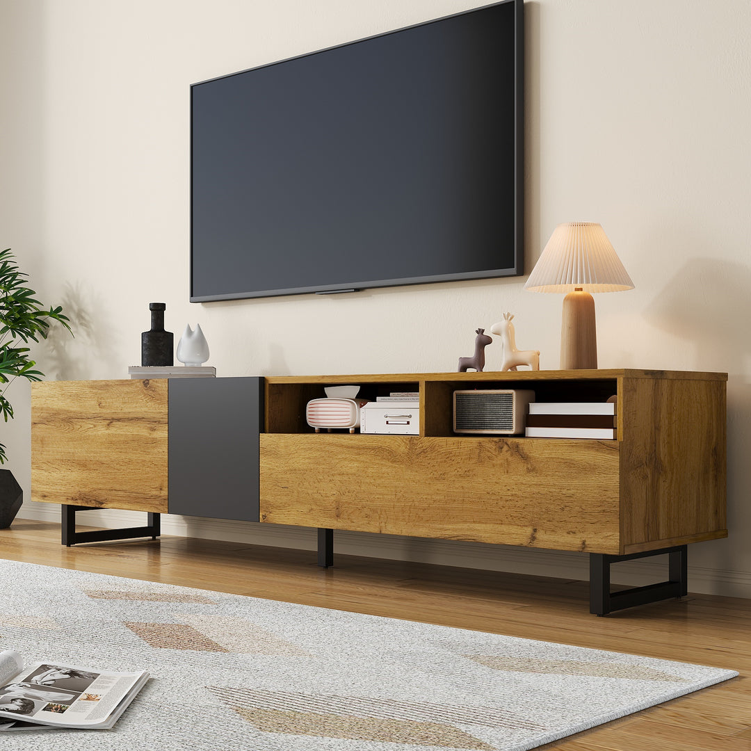 Colorblock TV cabinet retro wood grain compartments, U-shaped metal legs RESPIRATO