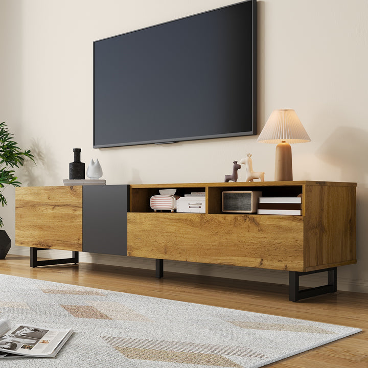 Colorblock TV cabinet retro wood grain compartments, U-shaped metal legs RESPIRATO