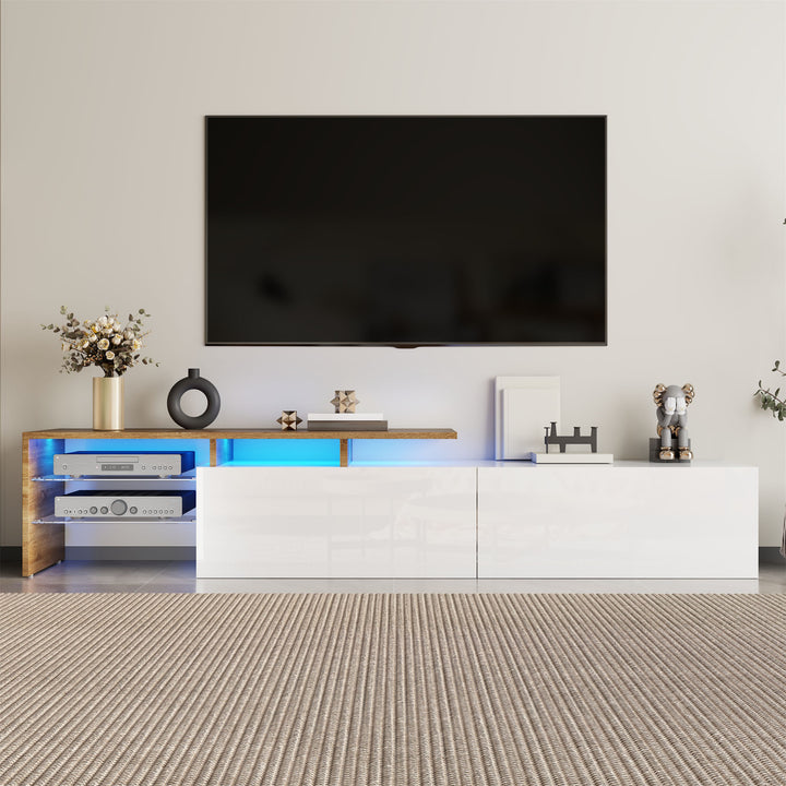 White hihg-gloss TV cabinet storage space, wood look, glass shelves, LED lighting MOLD