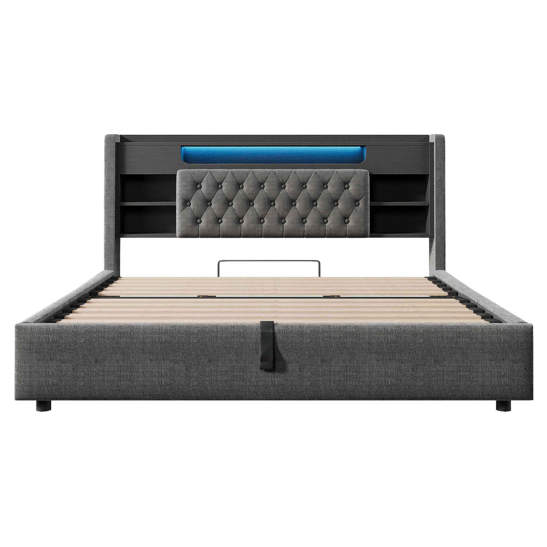 00+Super King Bed Frame 180x200cm with Hydraulic Storage, LED Headboard, Grey, No Mattress COMPACTWARDROBE