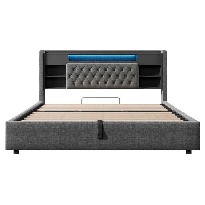 00+Super King Bed Frame 180x200cm with Hydraulic Storage, LED Headboard, Grey, No Mattress COMPACTWARDROBE