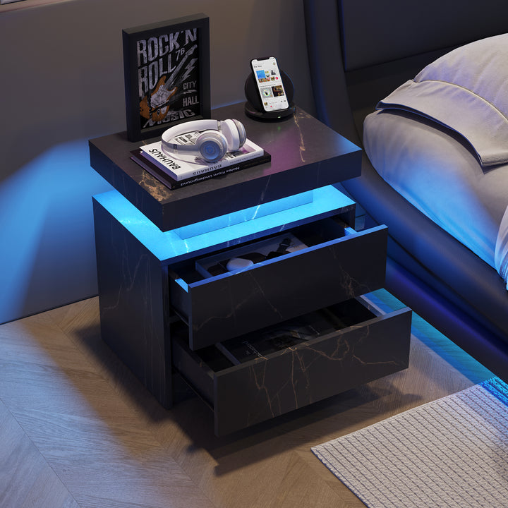 Black marble-look nightstand LED bedside table cabinet with 2 drawers FROSTWORK