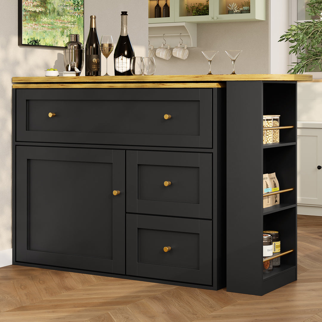 Extendable bar table black with storage kitchen cabinet with snack shelf (138-204×39×105cm) MANGROVEPROP