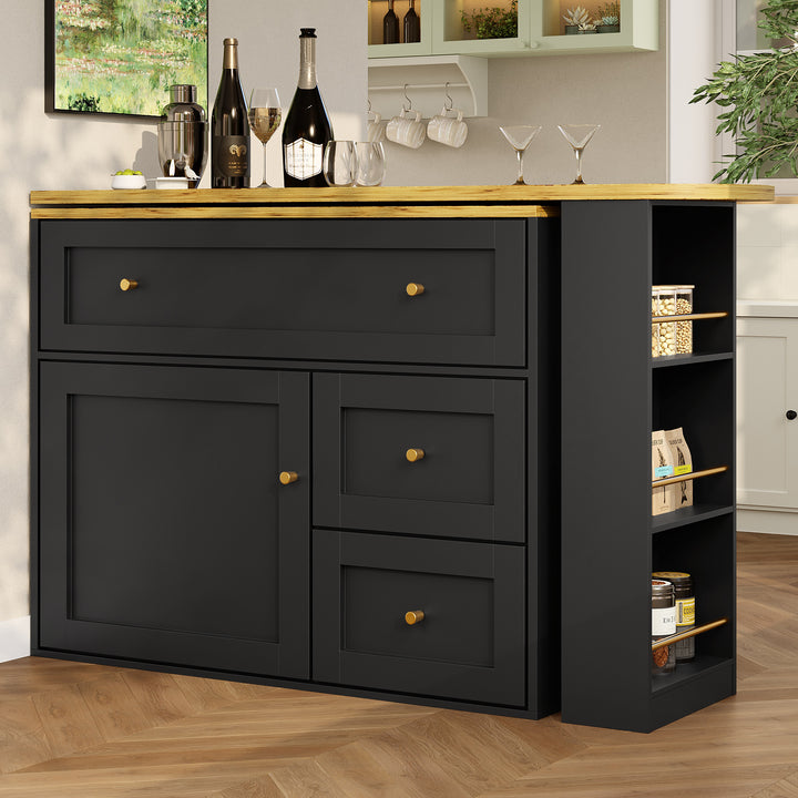 Extendable bar table black with storage kitchen cabinet with snack shelf (138-204×39×105cm) MANGROVEPROP