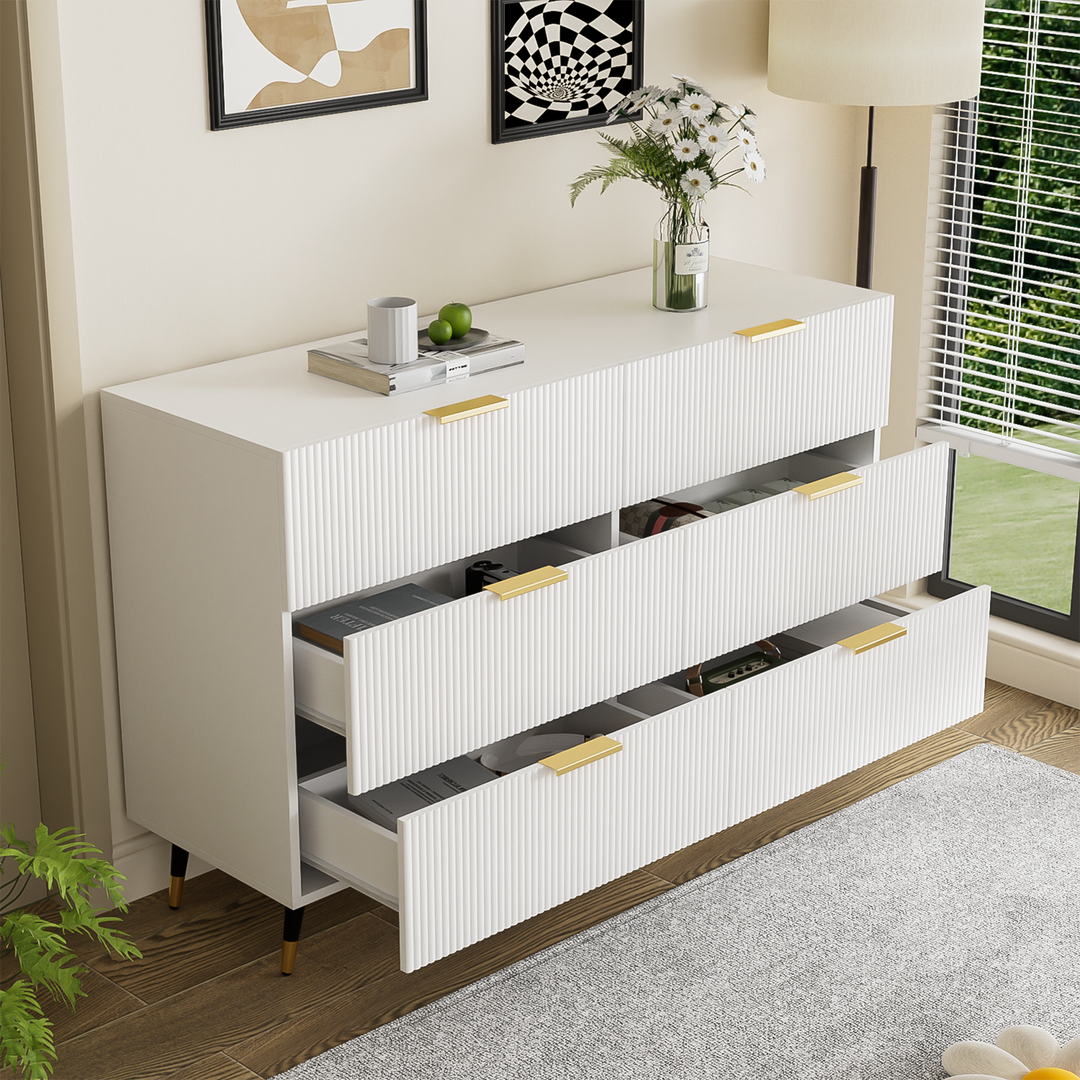 White and gold particle board storage sideboard with 6 drawers FERNGLADE UK