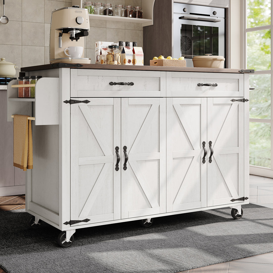 White farmhouse style rolling kitchen island with fold-out top and racks SALTMARSH