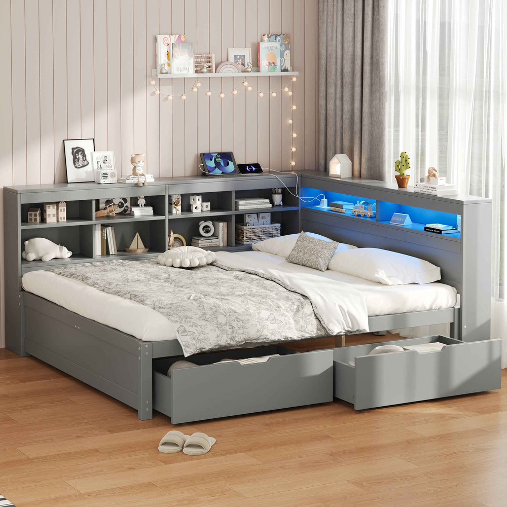 00+Double Daybed 135x190 with Storage Drawers, LED Headboard, Charging Station, Grey COMPACTVANITY