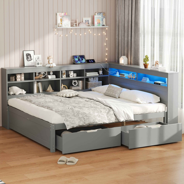 00+Double Daybed 135x190 with Storage Drawers, LED Headboard, Charging Station, Grey COMPACTVANITY