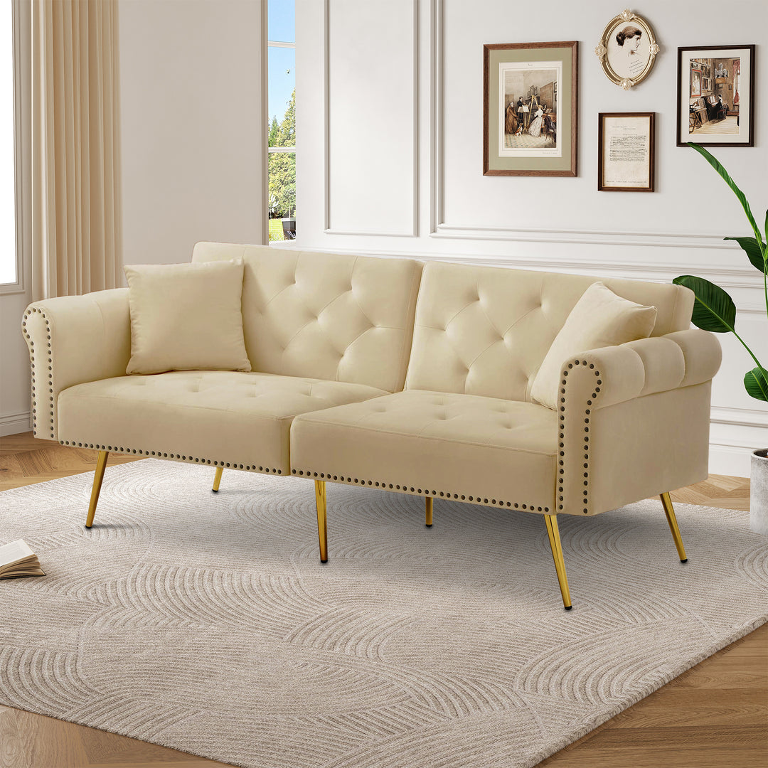 Modern upholstery velvet beige 2-seater sofa bed, adjustable backrest & gold-plated metal feet EUKARYOT