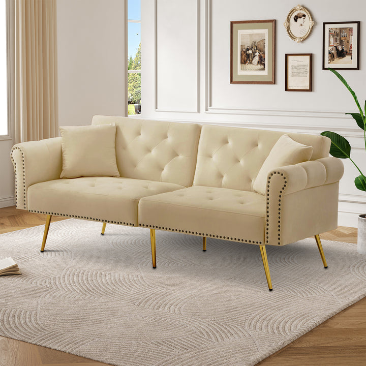 Modern upholstery velvet beige 2-seater sofa bed, adjustable backrest & gold-plated metal feet EUKARYOT