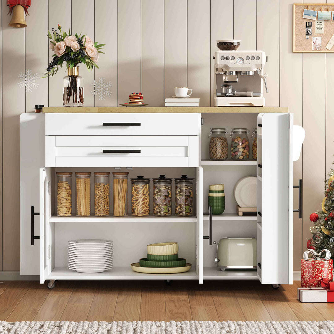 00+Mobile Kitchen Island Trolley White Foldable Worktop, 5 Wheels, Glass Doors, Storage Racks, Cutlery Drawer NOVAOR