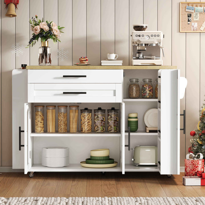 00+Mobile Kitchen Island Trolley White Foldable Worktop, 5 Wheels, Glass Doors, Storage Racks, Cutlery Drawer NOVAOR