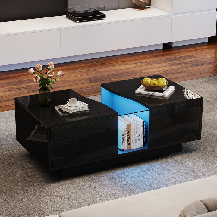 Black high gloss coffee table with 2 drawers with 16-Color LED lights 100*35cm SCALESKIN